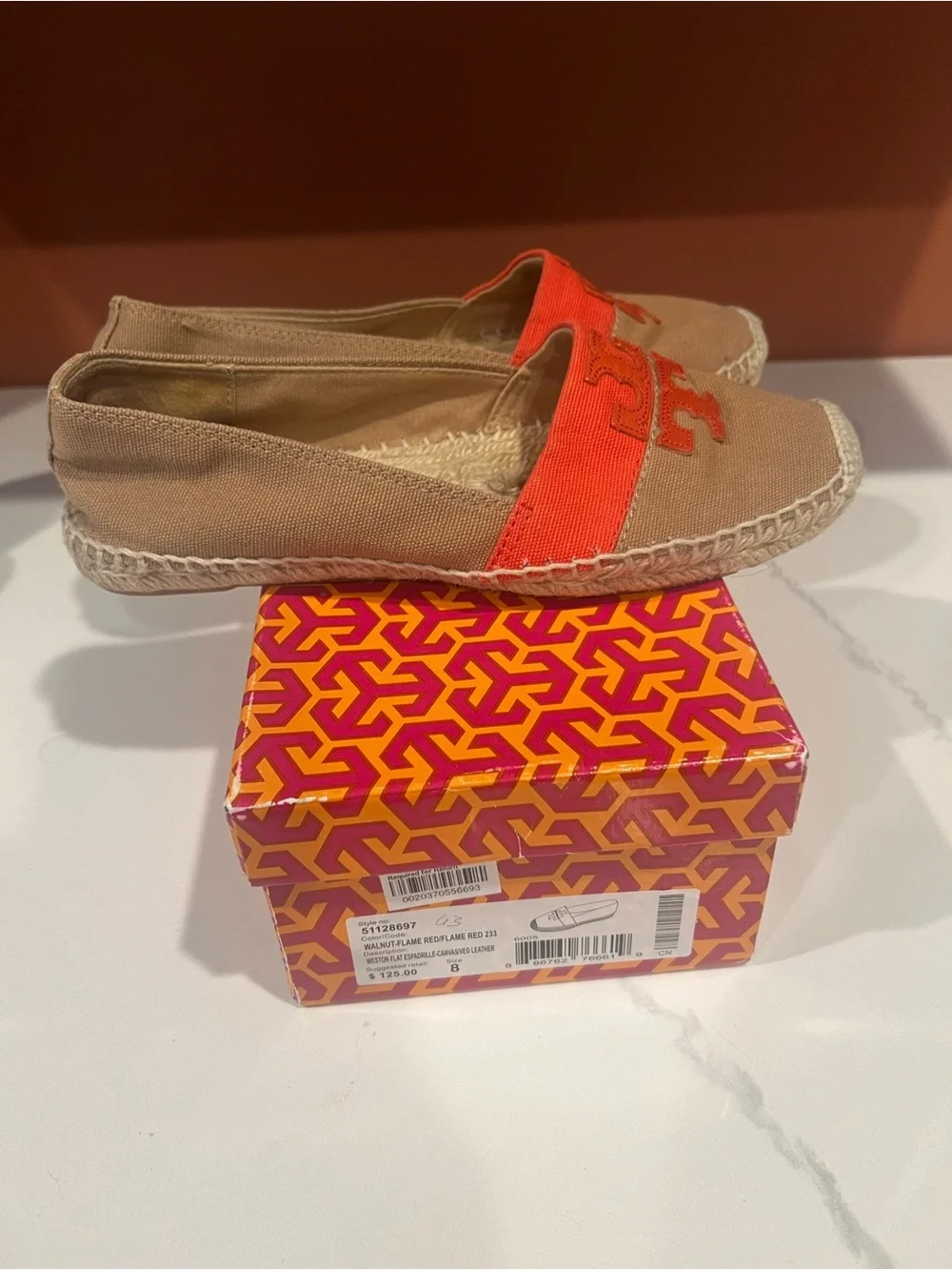 Tory Burch Tan Canvas Espadrille Flats with Coral Logo Band